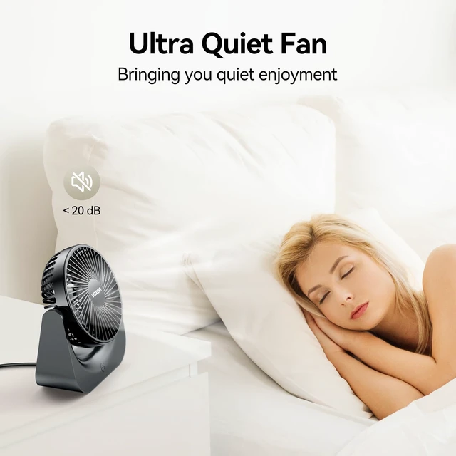 Alt view image 4 of 7 - Desk Fan, 5.5-Inch Fan for Bedroom, 20dB Quiet Small Fan with 5-Speeds Cooling and Strong Airflow, 90° Adjustable USB Desktop Fan, Personal fan for Home, Office, Kitchen, Grey