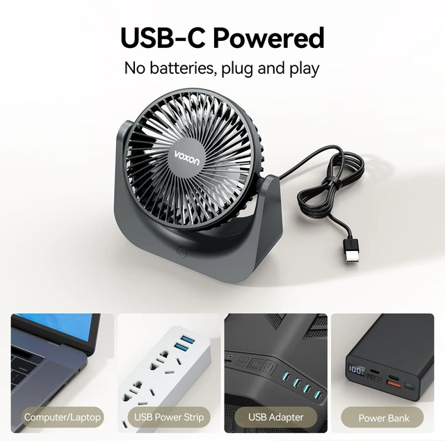 Alt view image 6 of 7 - Desk Fan, 5.5-Inch Fan for Bedroom, 20dB Quiet Small Fan with 5-Speeds Cooling and Strong Airflow, 90° Adjustable USB Desktop Fan, Personal fan for Home, Office, Kitchen, Grey