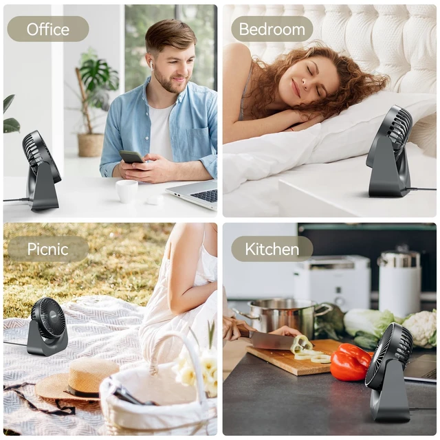 Alt view image 7 of 7 - Desk Fan, 5.5-Inch Fan for Bedroom, 20dB Quiet Small Fan with 5-Speeds Cooling and Strong Airflow, 90° Adjustable USB Desktop Fan, Personal fan for Home, Office, Kitchen, Grey