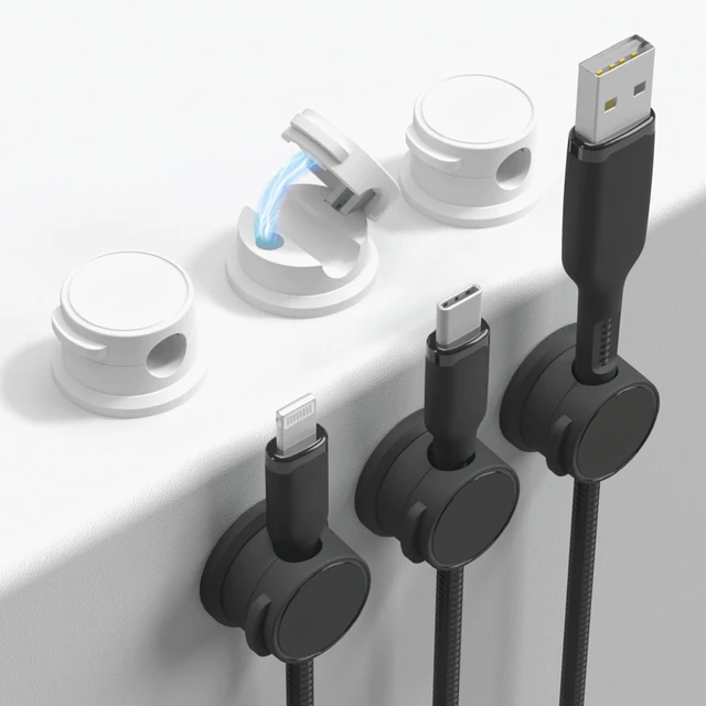 Main image of Cable Management Magnetic Snap Organizer 6-Pack, Black & White | Compact Cord Holders with Strong Magnetic Closure Adhesive Cable Clips for USB Cables Power Cords & Headphones with Storage