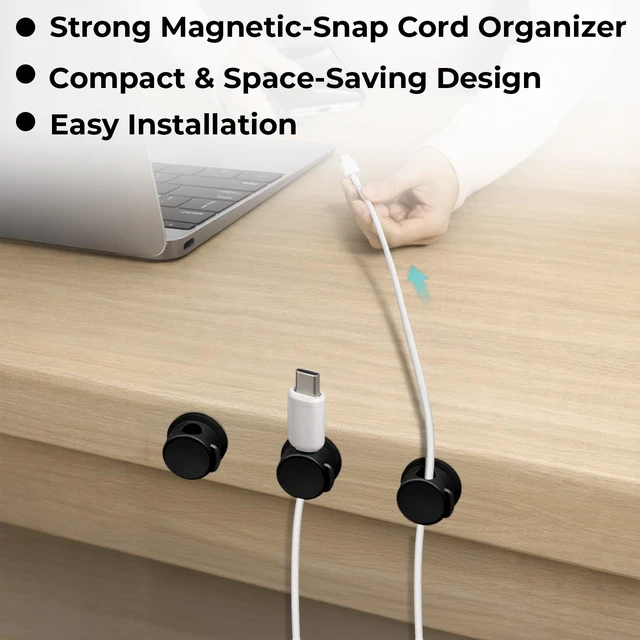 Alt view image 2 of 7 - Cable Management Magnetic Snap Organizer 6-Pack, Black & White | Compact Cord Holders with Strong Magnetic Closure Adhesive Cable Clips for USB Cables Power Cords & Headphones with Storage