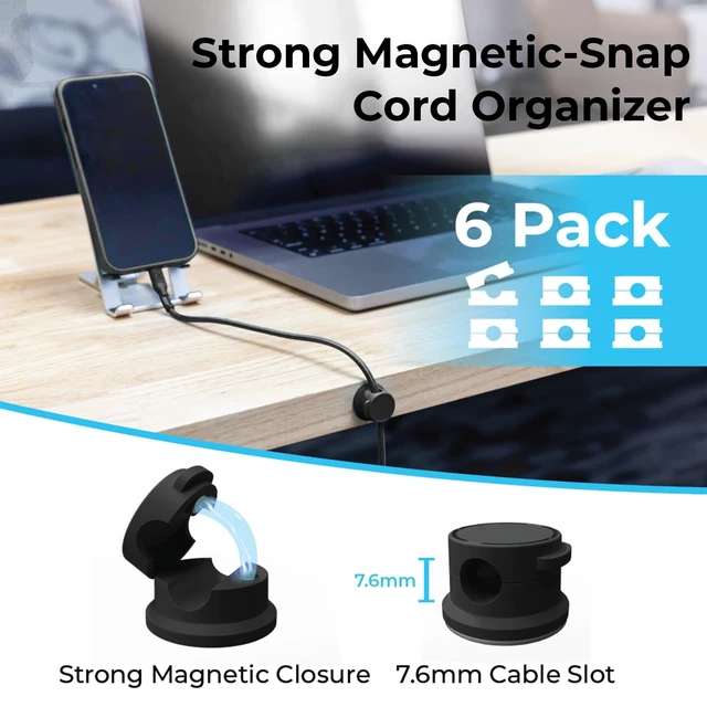 Alt view image 3 of 7 - Cable Management Magnetic Snap Organizer 6-Pack, Black & White | Compact Cord Holders with Strong Magnetic Closure Adhesive Cable Clips for USB Cables Power Cords & Headphones with Storage