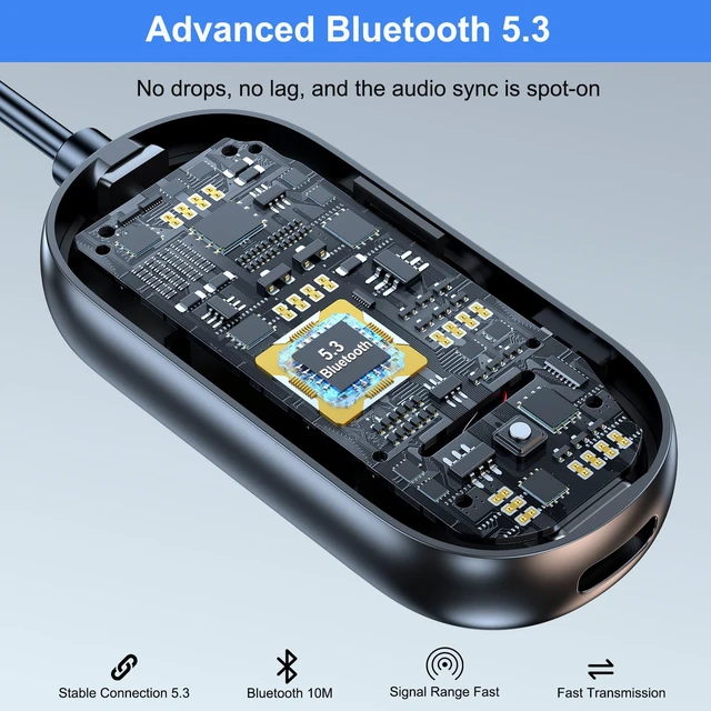 Alt view image 5 of 7 - Bluetooth Audio Adapter for Headphones, Wireless Transmitter Receiver | Low Latency, with 3.5mm Aux Jacks, Suitable for Airplanes, TVs, Gym Equipment, and Car