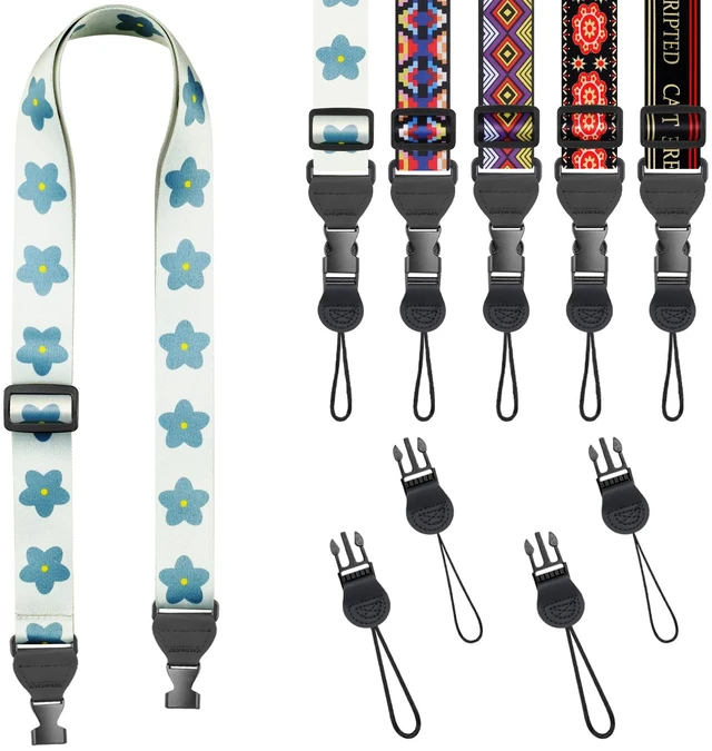 Main image of Blue Floral Shoulder Strap, Adjustable Camera Strap with 2 Sets of Quick-Release Buckles, Comfortable Neck Strap for iPad, Tablet, Camera, Laptop, Binocular, Luggage Bag