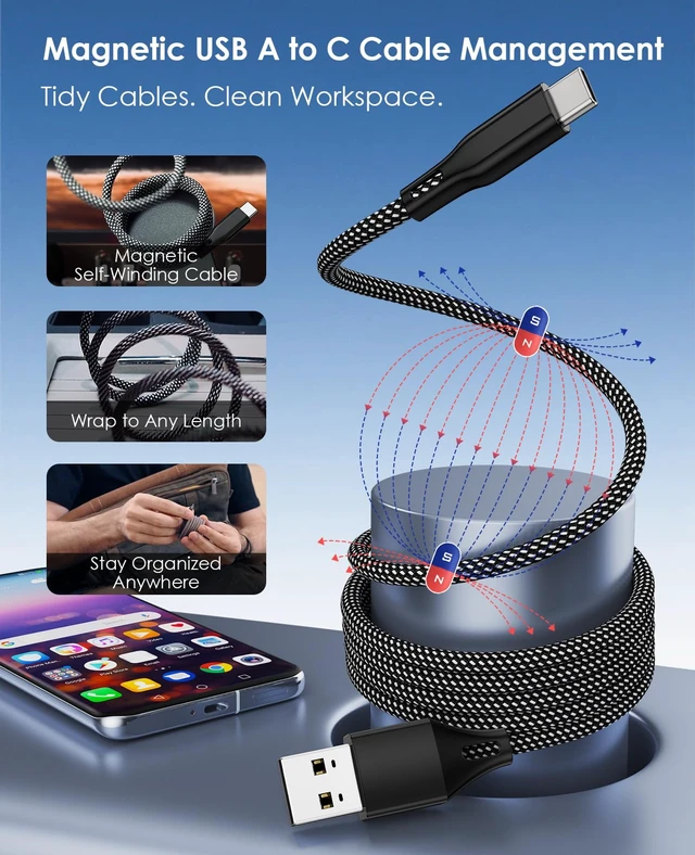Alt view image 2 of 7 - Coiled USB A to USB C Cable 3.3FT, Organized Fast Charger Cord | Magnetic Wrapped USB C Charging Cable, Tangle-Free Braid Cord for Car & Travel, Compatible with iPhone 17 16, Galaxy, Black