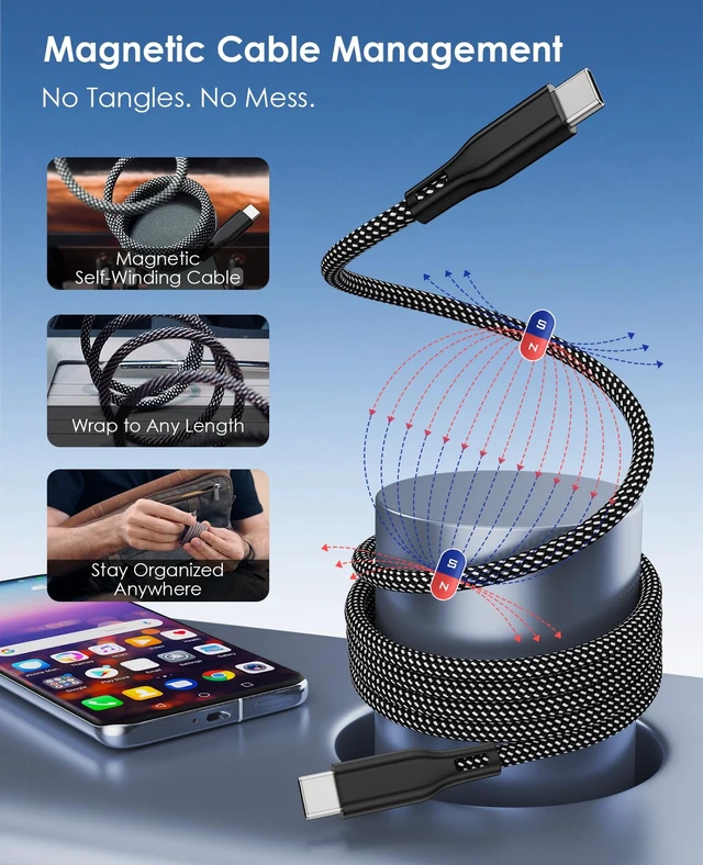 Alt view image 2 of 7 - Magnetic Coiled USB C to USB C Cable 60W 3.3FT, Winding Fast Charger Cord | Type C Magnetic Charging Cable Fast Charge, Retractable Braid Cord for Laptop, Tablet, iPhone 17, Car, Desk & Travel, Black