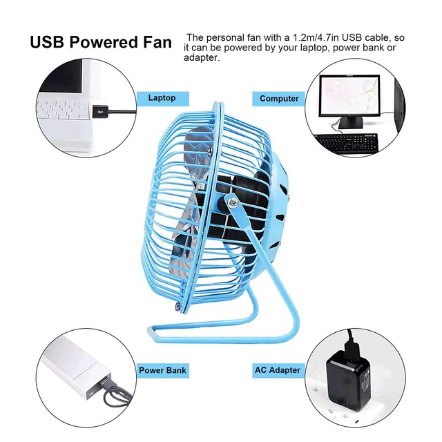 Alt view image 3 of 6 - 4 Inch Small Usb Desk Fan, Metal Mini Quiet Personal Cooling Fan for Home Office Car Travel (Blue)