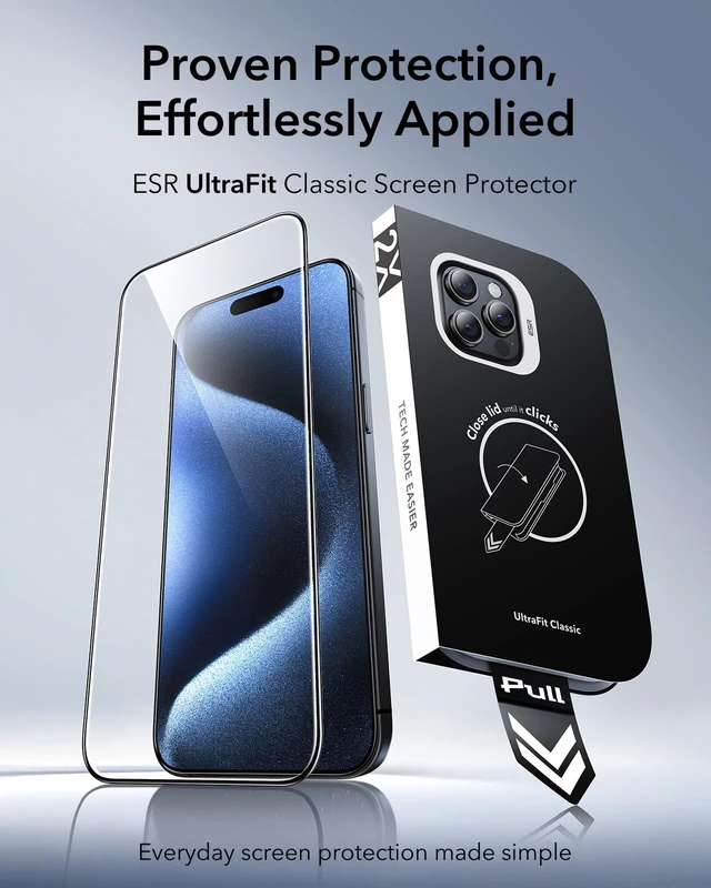 Alt view image 2 of 7 - 3 Pack for iPhone 15 Pro Max Screen Protector, Classic | Easy One-Pull Installation, 2X Impact Absorption, 9H Tempered Glass, Full-Coverage Protection, UltraFit Tray, Bubble-Free