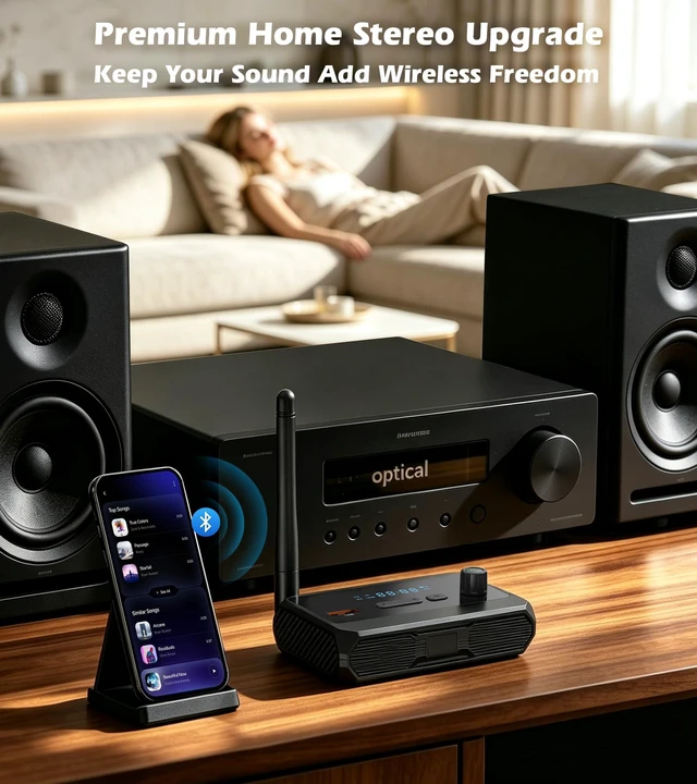 Alt view image 7 of 7 - Bluetooth 5.4 Receiver for Home Stereo, Optical Low Latency | HD Music Audio Bluetooth to RCA Adapter for Stereo/Speakers/Wired Speakers, AUX Wireless Audio Receiver for Home Audio