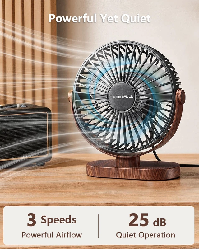 Alt view image 2 of 6 - Small USB Desk Fan, Desktop Table Fan, Quiet Office Mini - Black | 5.8" Personal Fan; 3 Speeds; 360° Adjustable; 25dB; 10oz; USB Powered; Stable Base; Easy Cleaning-Home & Cooling; Retro Decor