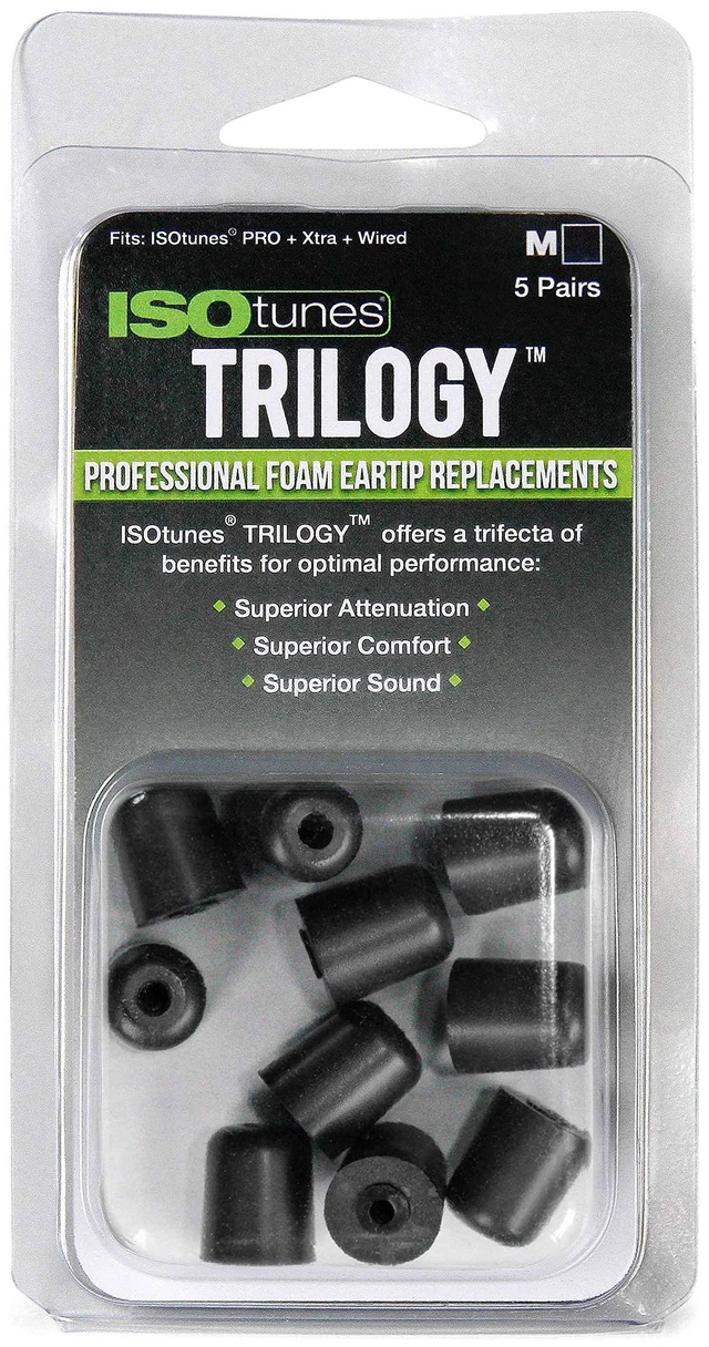 Main image of Trilogy Foam Ear Protection Eartips (5 Pair Pack, Medium, Black) | Compatible with ISOtunes PRO, Xtra and WIRED earbuds, 5 pairs, medium size, black foam replacement eartips