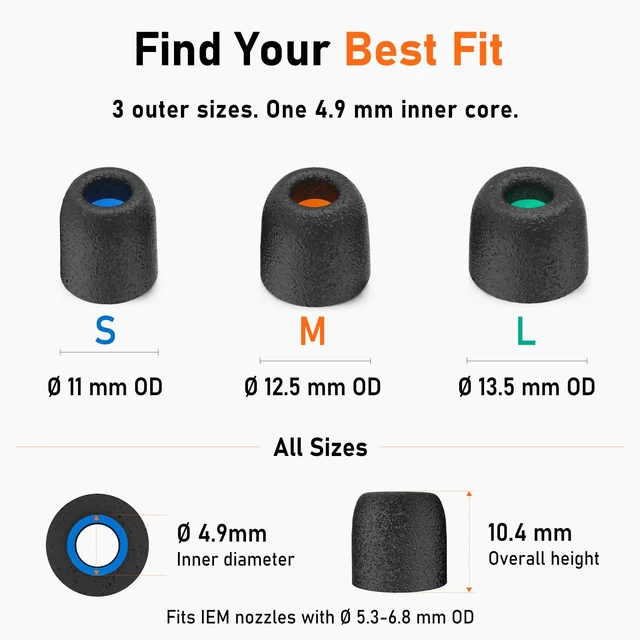 Alt view image 7 of 7 - 6-Pair Memory Foam IEM Ear Tips for in-Ear Monitor Headphones | Replacement Eartips for KZ, Moondrop, FiiO, Sennheiser and More, Noise Isolating, Comfortable, Secure Fit (S/M/L, Black)