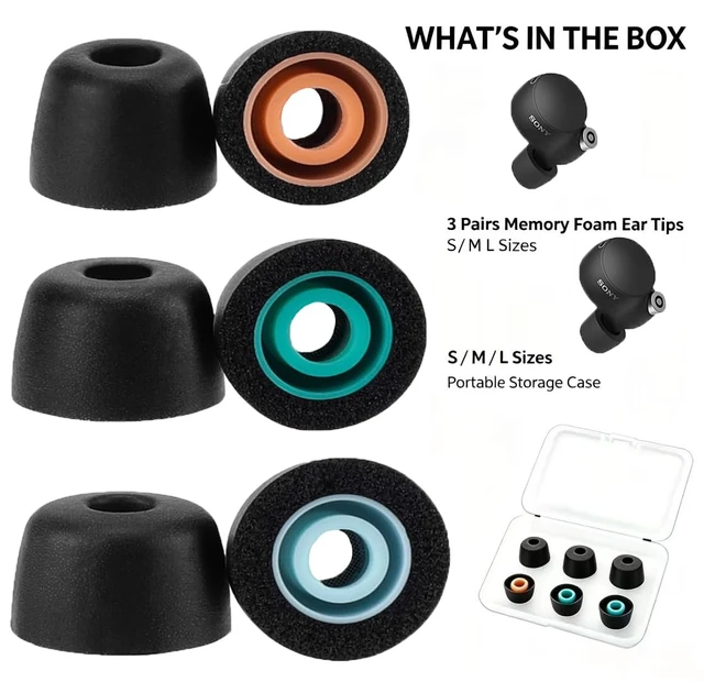 Alt view image 7 of 7 - Noise Isolation Memory Foam Ear Tips for Sony WF-1000XM4 XM5 XM6 | Black Slow rebound S/M/L, tight lock fit, external sound suppression, ache-free wear, soft dense covers