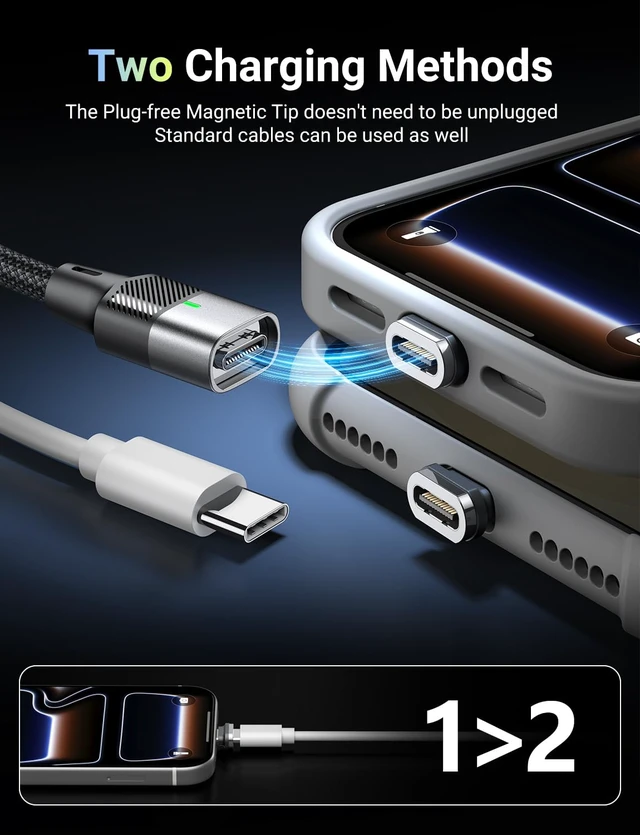 Alt view image 2 of 7 - 240W Magnetic USB C Charging Cable with 2 Detachable Tips 6.6FT | Two Ways Magnetic Tip can Connected Standard USB C Cable for 1Phone17/16/15, Mac-Book/1Pad Series, Sam-sung Galaxy