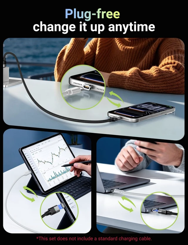 Alt view image 3 of 7 - 240W Magnetic USB C Charging Cable with 2 Detachable Tips 6.6FT | Two Ways Magnetic Tip can Connected Standard USB C Cable for 1Phone17/16/15, Mac-Book/1Pad Series, Sam-sung Galaxy
