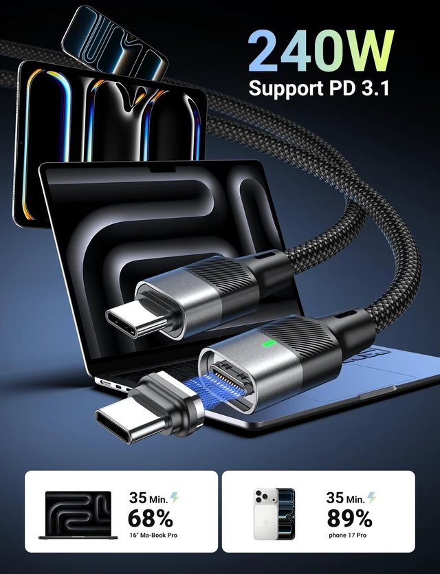 Alt view image 4 of 7 - 240W Magnetic USB C Charging Cable with 2 Detachable Tips 6.6FT | Two Ways Magnetic Tip can Connected Standard USB C Cable for 1Phone17/16/15, Mac-Book/1Pad Series, Sam-sung Galaxy