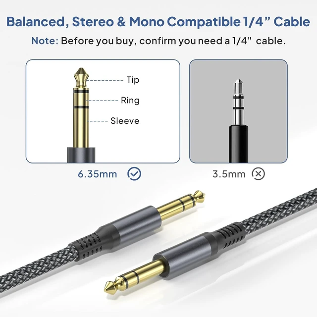 Alt view image 3 of 7 - 1/4 Inch TRS Instrument Cable 10FT 2Pack,6.35mm Male Guitar Cord 3M | 6.3mm Jack Stereo Audio Music Lead,Quarter Inch Balanced Line for Electric Guitar,Bass,Keyboard,Mixer,Amp,Speaker,Equalizer