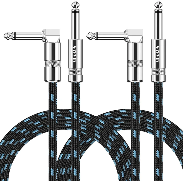 Main image of 10FT 2 Pack Instrument Cable - Electric & Bass Guitar, Keyboard, AMP Cord - 1/4 Inch Right Angle Black & Blue
