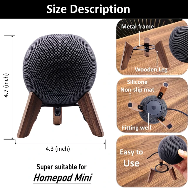 Alt view image 2 of 7 - Real Wood Stand for Homepod mini(2020 Released), Wooden Holder Tripod with Metal Frame,Safe Stable Mount with Anti-Slip Silicone pad Protects Home pod mini Speaker Well (Color:Walnut)