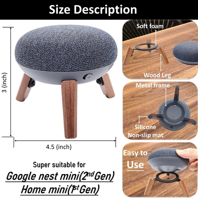 Alt view image 2 of 7 - Real Wood Holder Compatible for Google Home mini,nest mini(2nd gen),Small Secure Tripod Accessories for Speaker Better Sound,Sturdy Durable Stable Wooden Stand for Home mini Smart Speaker(Walnut)