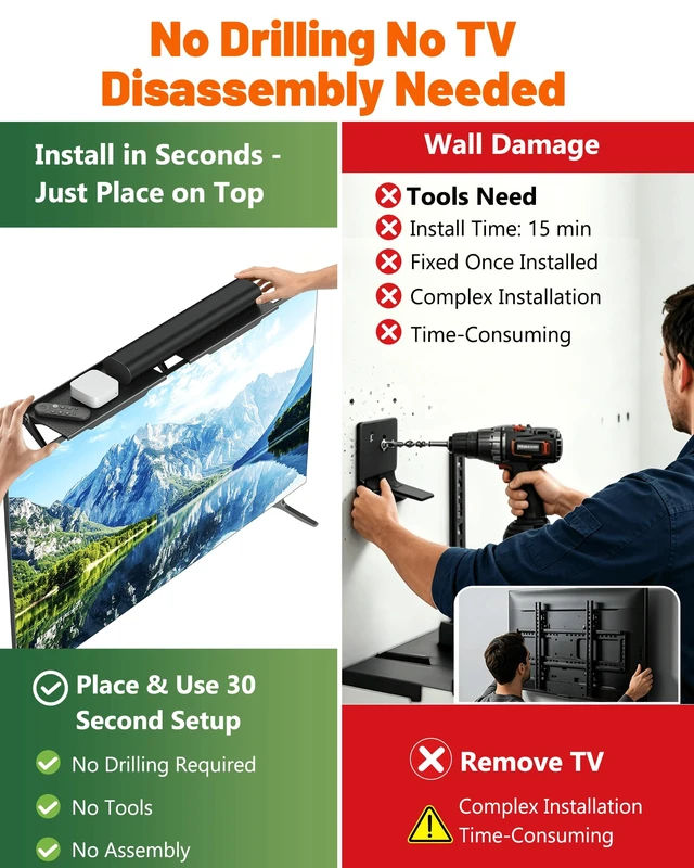 Alt view image 2 of 7 - No Drilling Soundbar Mount, TV Top Shelf Fits Most Soundbars up to 12 lbs, Universal Monitor Shelf-Sound Bar Mounts, Sound Bar Shelfs Above TV for Flat Screen TVs,No TVs Disassembly, 23.6x4.4inch