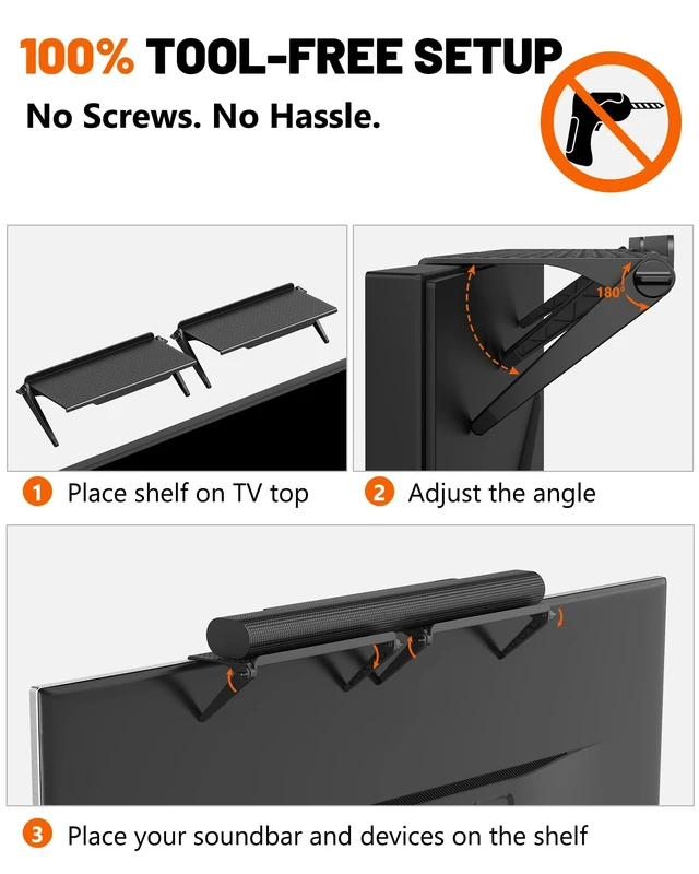 Alt view image 3 of 7 - No Drilling Soundbar Mount, TV Top Shelf Fits Most Soundbars up to 12 lbs, Universal Monitor Shelf-Sound Bar Mounts, Sound Bar Shelfs Above TV for Flat Screen TVs,No TVs Disassembly, 23.6x4.4inch