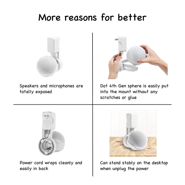 Alt view image 4 of 7 - Wall Mount Holder for Echo Dot 4th/5th Generation(1 Pack, White) | Outlet Hanger for Echo Dot 4th/5th Gen, Smart Speaker Stand, Space-Saving Dot Accessories, Built-in Cable Management shelf