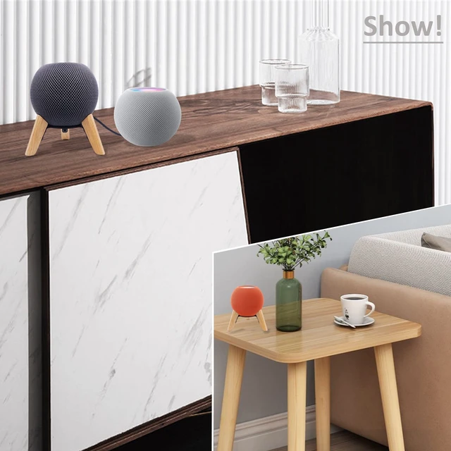 Alt view image 6 of 7 - Real Wood Stand for Homepod mini smart Speaker,Desktop Bracket (White Oak) | wooden tripod with metal frame,safe stable holder mount with anti-slip silicone pad protects home pod mini on table