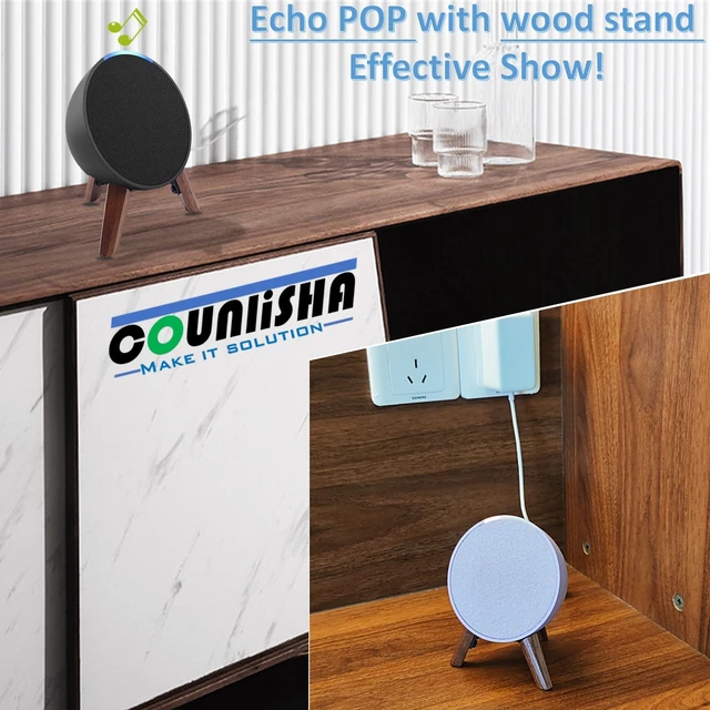 Alt view image 2 of 7 - Real Wood Stand for Echo Pop Speaker, Tripod Accessories Holder, Walnut