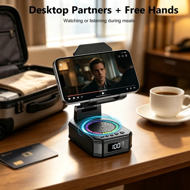 Alt view image 5 of 7 - Gifts for Men Women, Cell Phone Stand with Wireless Bluetooth Speaker and Colorful LED Lights, 4-in-1 Multifunctional Phone Holder Support Fast Charging, Adjustable Desktop Stand, Best Gifts