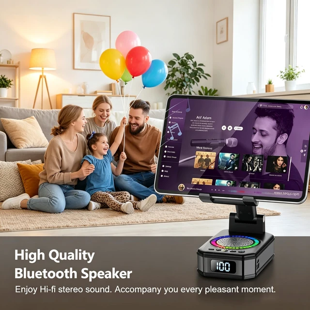 Alt view image 2 of 7 - Gifts for Men Women, Cell Phone Stand with Wireless Bluetooth Speaker and Colorful LED Lights, 4-in-1 Multifunctional Phone Holder Support Fast Charging, Adjustable Desktop Stand, Best Gifts