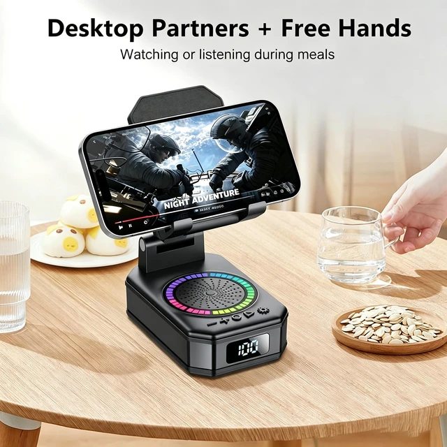 Alt view image 7 of 7 - Gifts for Men Women, Cell Phone Stand with Wireless Bluetooth Speaker and Colorful LED Lights, 4-in-1 Multifunctional Phone Holder Support Fast Charging, Adjustable Desktop Stand, Best Gifts