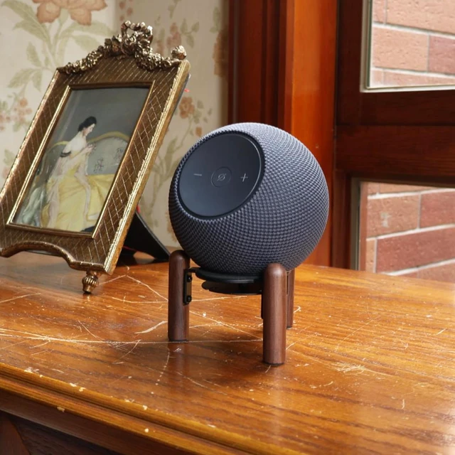 Alt view image 4 of 7 - Desk Wood Stand for 2025 New Echo Dot Max, Increase The Height of The Speaker. Improve Sound Quality and Hide The Power Cord. (Black Walnut)