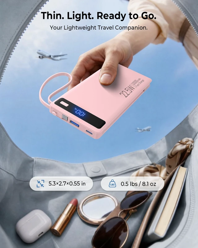Alt view image 2 of 7 - Bank 10000mAh Built-in 2 Cables, 22.5W 40% Thinner Portable Charger | Travel Essential 4-Device Powerbank, USB C Battery Pack, 30-Min Fast Charger to 50% for iPhone 17 16 15 Plus Pro SamsuniPag
