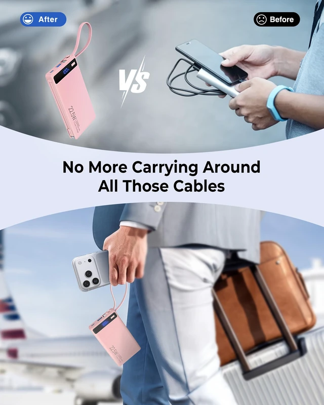 Alt view image 4 of 7 - Bank 10000mAh Built-in 2 Cables, 22.5W 40% Thinner Portable Charger | Travel Essential 4-Device Powerbank, USB C Battery Pack, 30-Min Fast Charger to 50% for iPhone 17 16 15 Plus Pro SamsuniPag