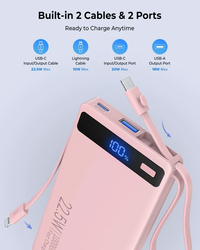 Alt view image 7 of 7 - Bank 10000mAh Built-in 2 Cables, 22.5W 40% Thinner Portable Charger | Travel Essential 4-Device Powerbank, USB C Battery Pack, 30-Min Fast Charger to 50% for iPhone 17 16 15 Plus Pro SamsuniPag
