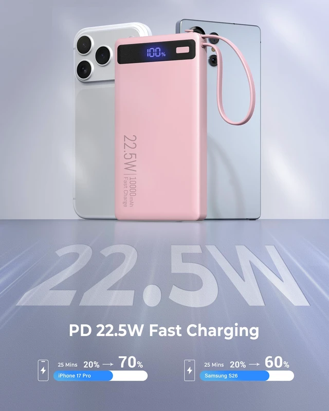 Alt view image 3 of 7 - Bank 10000mAh Built-in 2 Cables, 22.5W 40% Thinner Portable Charger | Travel Essential 4-Device Powerbank, USB C Battery Pack, 30-Min Fast Charger to 50% for iPhone 17 16 15 Plus Pro SamsuniPag