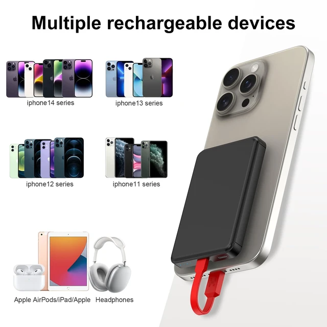 Alt view image 4 of 6 - Mini Portable Charger for iPhone, Upgraded 5000mAh Magnetic Power Bank with Bulit-in Cable, Slim Battery Pack Backup Charger Compatible with iPhone 14/14 Pro Max/13/13 Pro/12 Pro/11/XS/XR/X/8/7/6