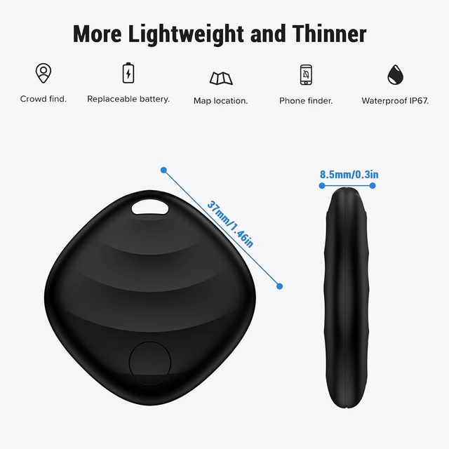 Alt view image 7 of 7 - Key Finder, Works with Apple Find My, Bluetooth Tracker, Black 1 Pack | Works with Apple Find My (iOS only), 400ft range, 80dB loud ring, IP67 waterproof smart item locator for keys and wallet.