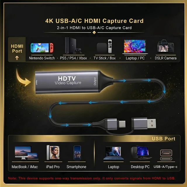 Alt view image 4 of 5 - 4k & 1080P 60FPS Video Capture Card,4K@30Hz Input HDMI to USB-C Video Capture Card,HDMI to USB 2.0,Compatible with Switch/PS4/PS5/ OBS/MacBook/Camera Silver