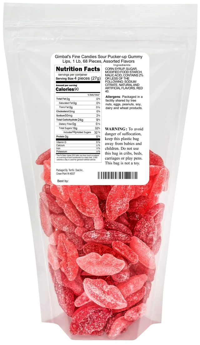Alt view image 7 of 7 - Fine Candies Sour Pucker-up Gummy Lips, 1 Lb, 68 Pieces, Assorted Flavors