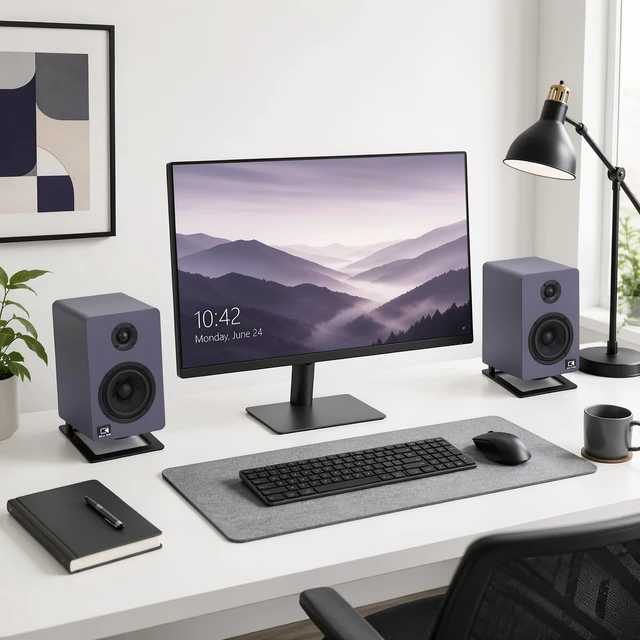 Alt view image 6 of 6 - Tilted Desktop Speaker Stands for Computer Speakers, Small to Medium Speakers and Studio Monitors, Metal Speaker Stand Pair, Black