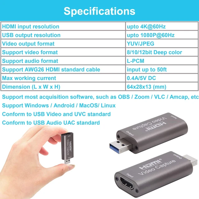 Alt view image 5 of 7 - 4K HDMI to USB Capture Card, 1080P@60Hz, Live Streaming & Recording | Plug and Play HDMI Capture for DSLR, Camcorder and Action Cam, Ideal for OBS, Zoom, Live Streaming and Video Calls