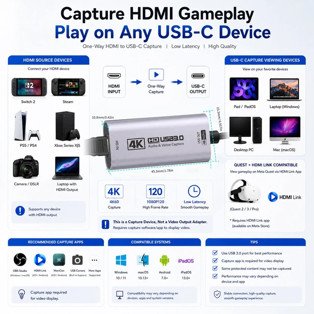 Alt view image 3 of 7 - 4K@60FPS Video Capture Card, L-Shaped USBC, 3.3ft, 2K@120FPS USB3.0 | HDMI to USB C/A Video Capture Card for Live Streaming, Works with iPad/MacOS/PC, Quest3, OBS, PS5/4, Switch2/1, Xbox/Camera