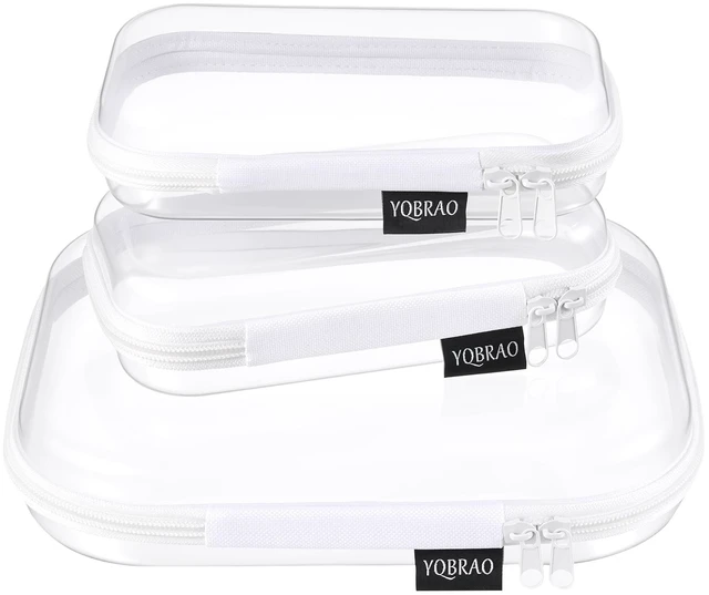 Main image of 3-Piece Clear Hard Shell Zipper Case Set, 1M 2S, White | Rigid clear shell and dual zippers keep makeup, tech, travel essentials, and daily items organized and easy to see