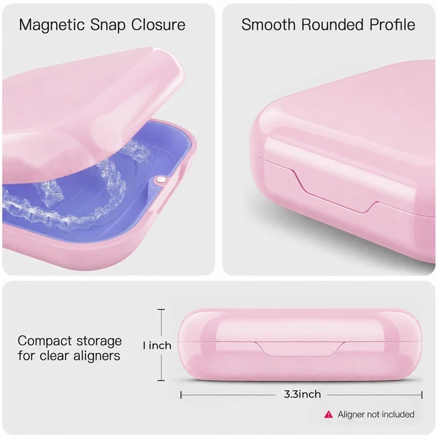 Alt view image 4 of 7 - Retainer Case with Mirror, Slim Aligner Case Kit for Invisalign - Pink | Built-in Mirror Pocket-Size for Travel Removable Silicone Liner Magnetic Closure Full Accessory Kit