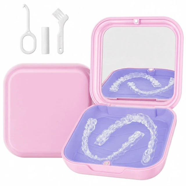 Main image of Retainer Case with Mirror, Slim Aligner Case Kit for Invisalign - Pink | Built-in Mirror Pocket-Size for Travel Removable Silicone Liner Magnetic Closure Full Accessory Kit
