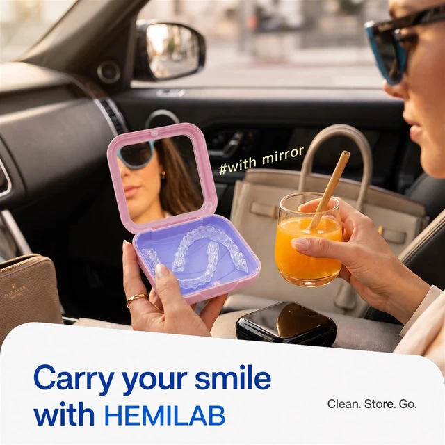 Alt view image 5 of 7 - Retainer Case with Mirror, Slim Aligner Case Kit for Invisalign - Pink | Built-in Mirror Pocket-Size for Travel Removable Silicone Liner Magnetic Closure Full Accessory Kit