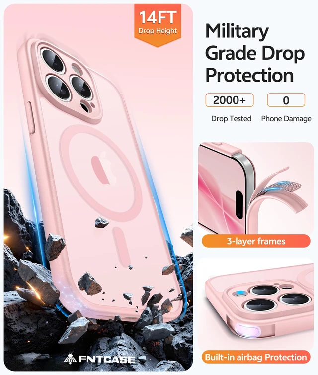 Alt view image 5 of 7 - for iPhone 15 Pro Case, Fit for Magsafe, Screen Protector | Full Camera Protection, Translucent Matte, 14FT Military Grade Drop Proof, Shockproof Protective Phone Cover, Light Pink