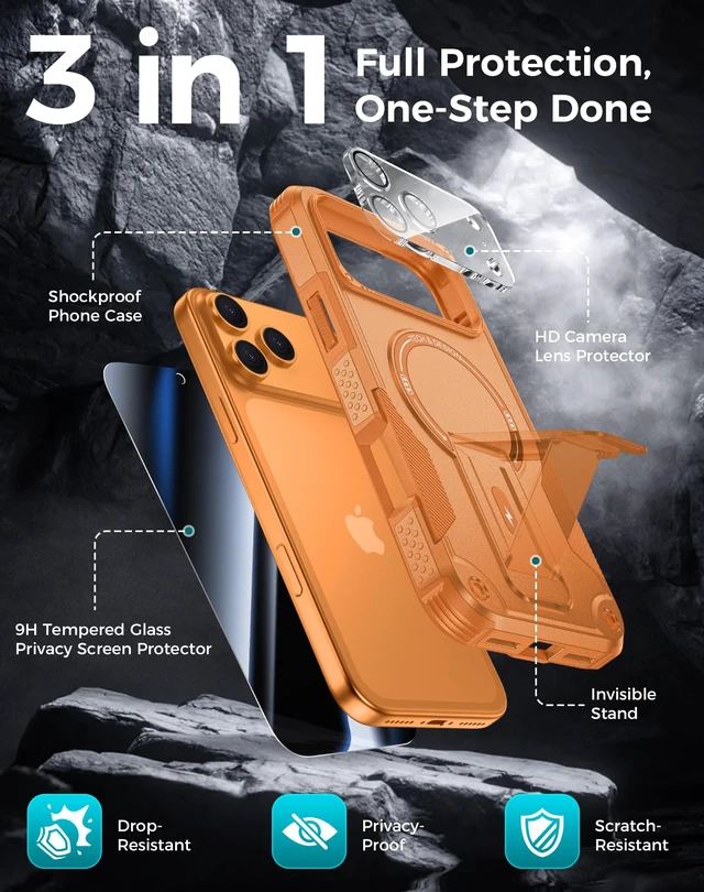 Alt view image 3 of 7 - 3 in 1 for iPhone 17 Pro Max Case with Privacy Screen Protector | Glass Camera Lens Protector,Compatible for MagSafe,Invisible Kickstand, Shockproof Phone Cover for iPhone 17 Promax